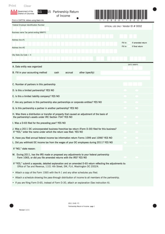 Fillable Form D-65 - Partnership Return Of Income - 2011 Printable pdf