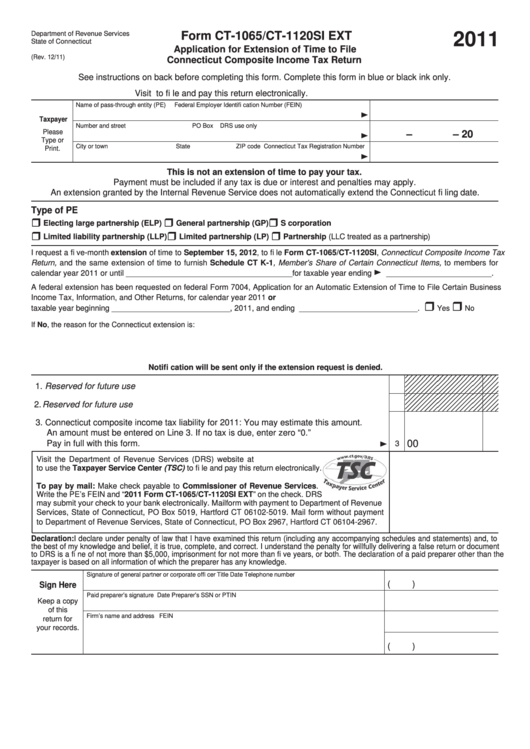 Form Ct-1065/ct-1120si Ext - Application For Extension Of Time To File Connecticut Composite Income Tax Return - 2011 Printable pdf