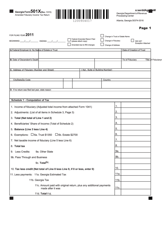 Fillable Georgia Form 501x - Amended Fiduciary Income Tax Return - 2011 Printable pdf