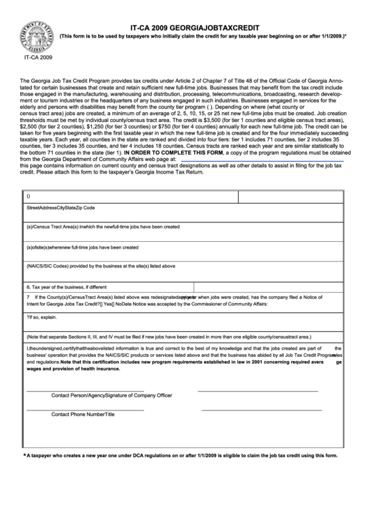 Fillable Form It-Ca - Georgia Job Tax Credit - 2009 Printable pdf