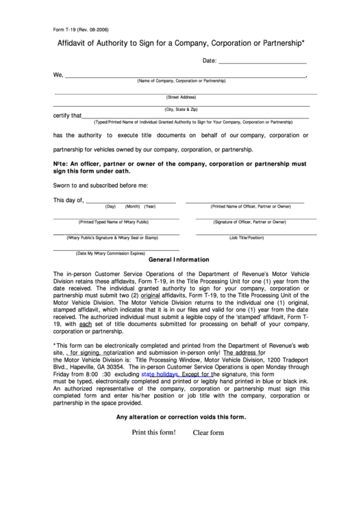 Fillable Form T-19 - Affidavit Of Authority To Sign For A Company, Corporation Or Partnership Printable pdf