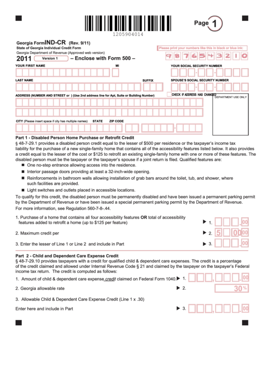 Fillable Form Ind-Cr - State Of Georgia Individual Credit Form - 2011 Printable pdf