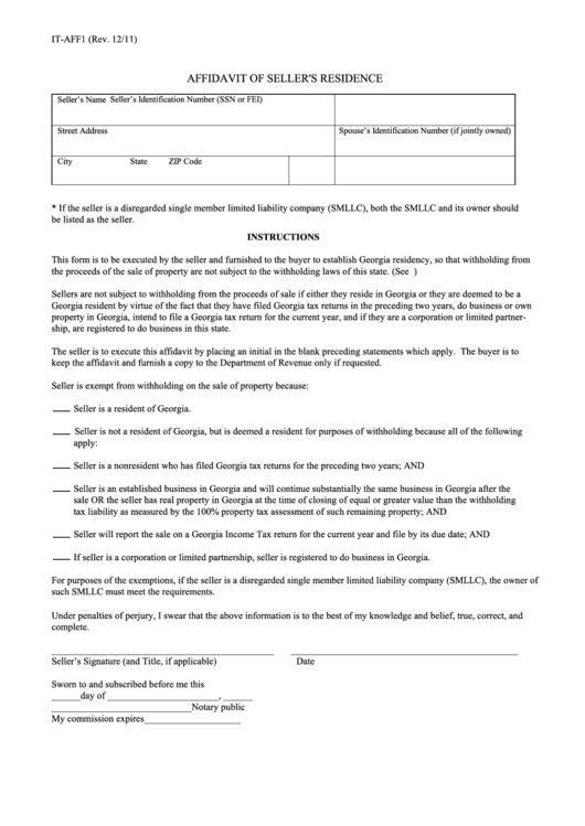 Fillable Form It-Aff1 - Affidavit Of Sellers Residence Printable pdf