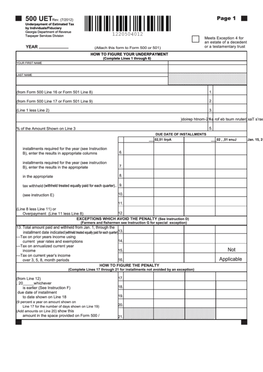 Fillable Form 500 Uet - Underpayment Of Estimated Tax By Individuals Fiduciary Printable pdf