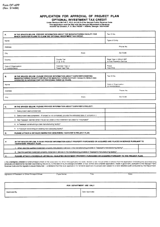 Form Oit-App - Application For Approval Of Project Plan Optional Investment Tax Credit Printable pdf