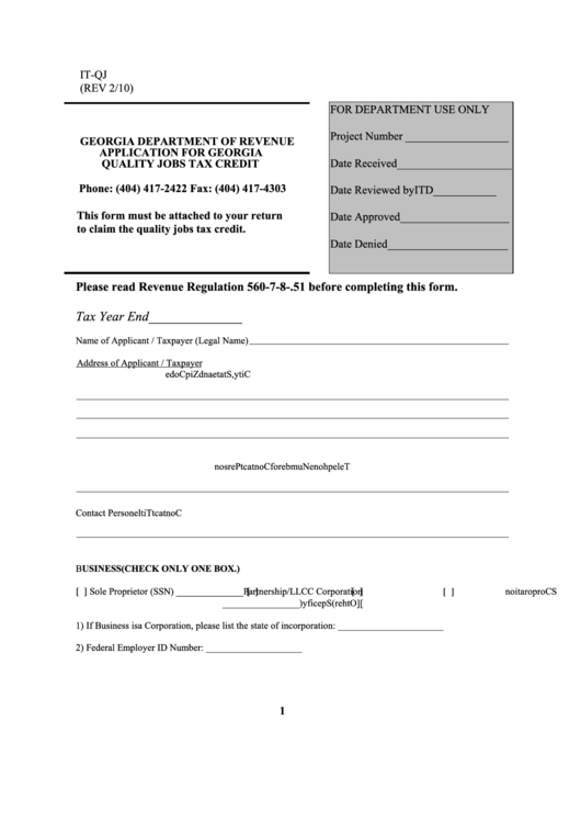 Form It-Qj - Application For Georgia Quality Jobs Tax Credit Printable pdf