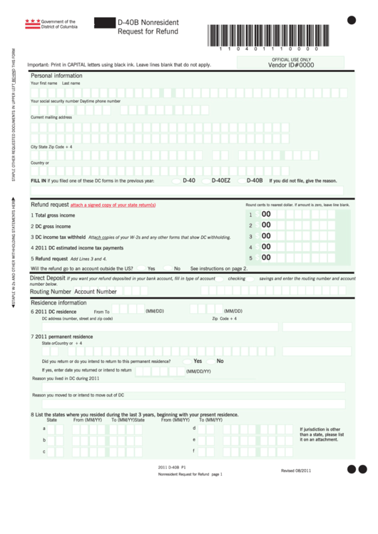 Fillable Form D-40b - Nonresident Request For Refund - 2011 Printable pdf