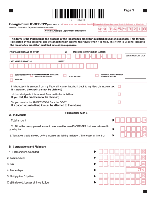 Fillable Georgia Form It-Qee-Tp2 - Qualified Education Expense Credit Computation Printable pdf