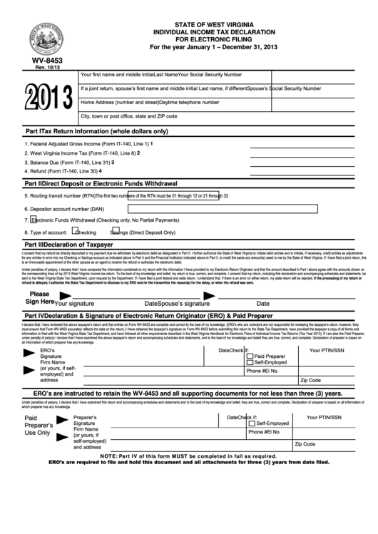Form Wv-8453 - Individual Income Tax Declaration For Electronic Filing - 2013 Printable pdf