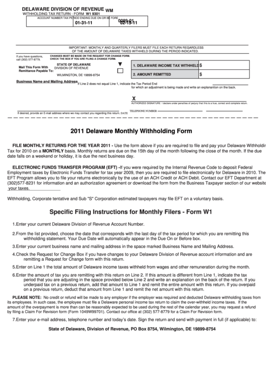 Fillable Form W1 - Withholding Tax Return - 2011 Printable pdf