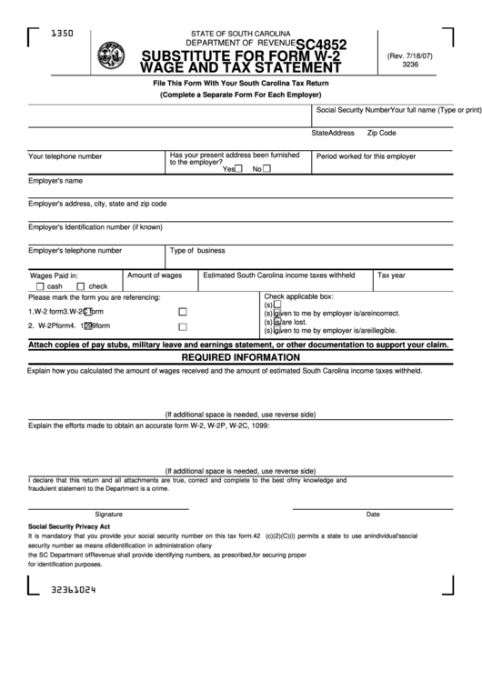 Form Sc4852 - Substitute For Form W-2 - Wage And Tax Statement Printable pdf