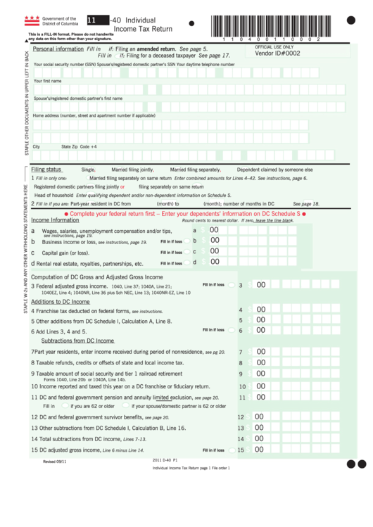 Fillable Form D-40 - Individual Income Tax Return - 2011 Printable pdf