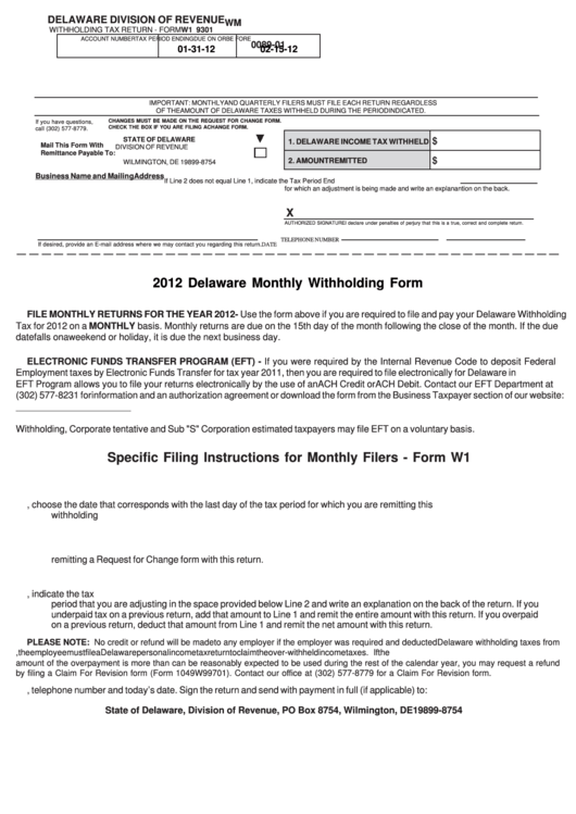 Fillable Form W1 - Withholding Tax Return - 2012 Printable pdf