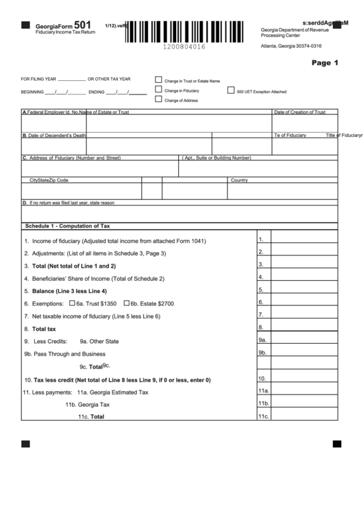 Fillable Georgia Form 501 Fiduciary Income Tax Return Printable Pdf 