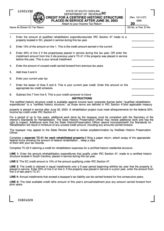 Form Sc Sch.tc-21 - Credit For A Certified Historic Structure Placed In Service After June 30,2003 Printable pdf