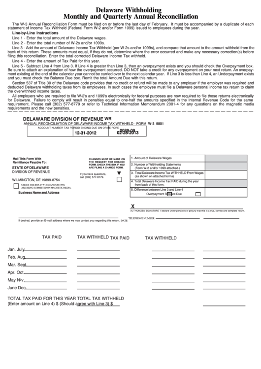 Fillable Form W-3 - Annual Reconciliation Of Delaware Income Tax Withheld - 2012 Printable pdf