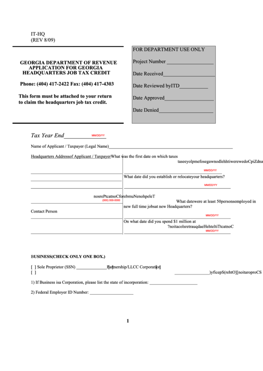 Fillable Form It-Hq - Application For Georgia Headquarters Job Tax Credit Printable pdf