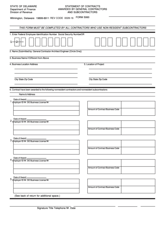 Fillable Form 5060 - Statement Of Contracts Awarded By General Contractors And Subcontractors Printable pdf