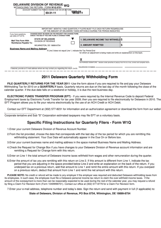 Fillable Form W1q - Withholding Tax Return - 2011 Printable pdf