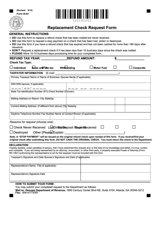 Fillable Form Ia-81 - Replacement Check Request Form Printable pdf