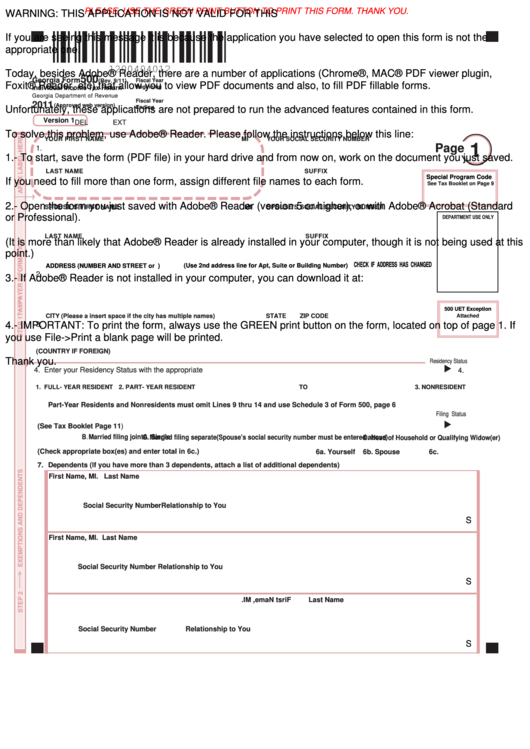 Fillable Georgia Form 500 - Individual Income Tax Return - 2011 Printable pdf