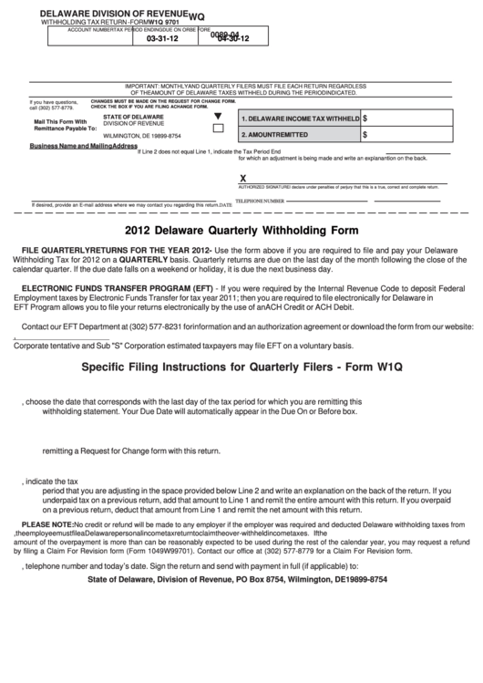 Fillable Form W1q - Withholding Tax Return - 2012 Printable pdf