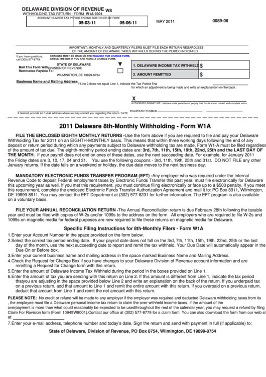 Fillable Form W1a - Withholding Tax Return - 2011 Printable pdf