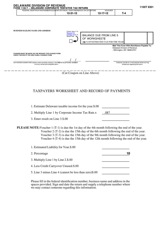 Fillable Form 1100-T - Delaware Corporate Tentative Tax Return - 2012 Printable pdf