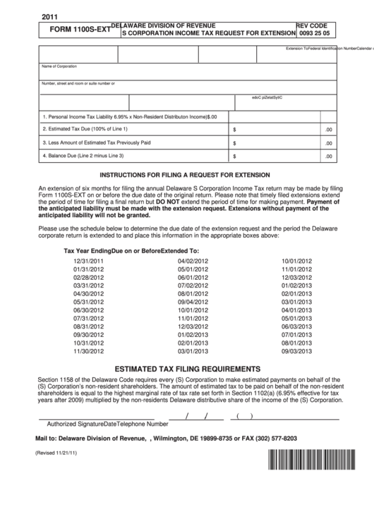Fillable Form 1100s-Ext - S Corporation Income Tax Request For Extension - 2011 Printable pdf