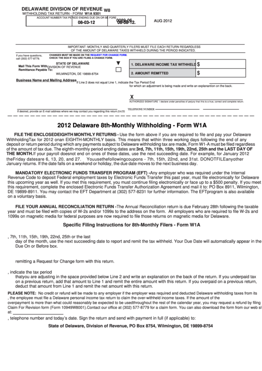 Fillable Form W1a - Withholding Tax Return - 2012 Printable pdf