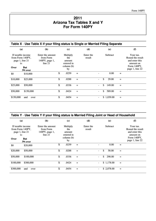 Form 140py - Arizona Tax Tables X And Y - 2011 Printable pdf