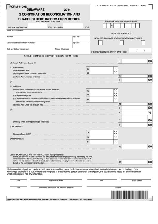 Form 1100s - S Corporation Reconciliation And Shareholders Information Return - 2011 Printable pdf