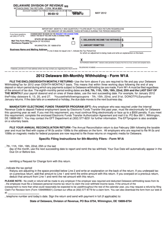 Fillable Form W1a - Withholding Tax Return - 2012 Printable pdf