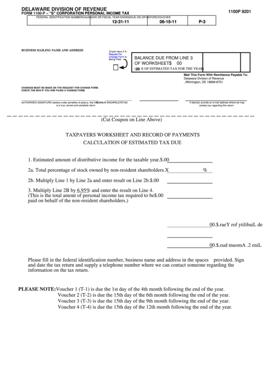 Fillable Form 1100-P - "S" Corporation Personal Income Tax - 2011 Printable pdf