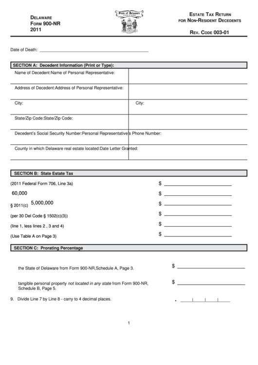 Fillable Delaware Form 900-Nr - Estate Tax Return For Non-Resident Decedents - 2011 Printable pdf