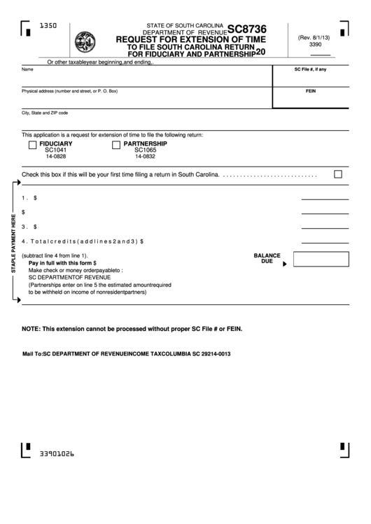 Form Sc8736 - Request For Extension Of Time To File South Carolina Return For Fiduciary And Partnership Printable pdf