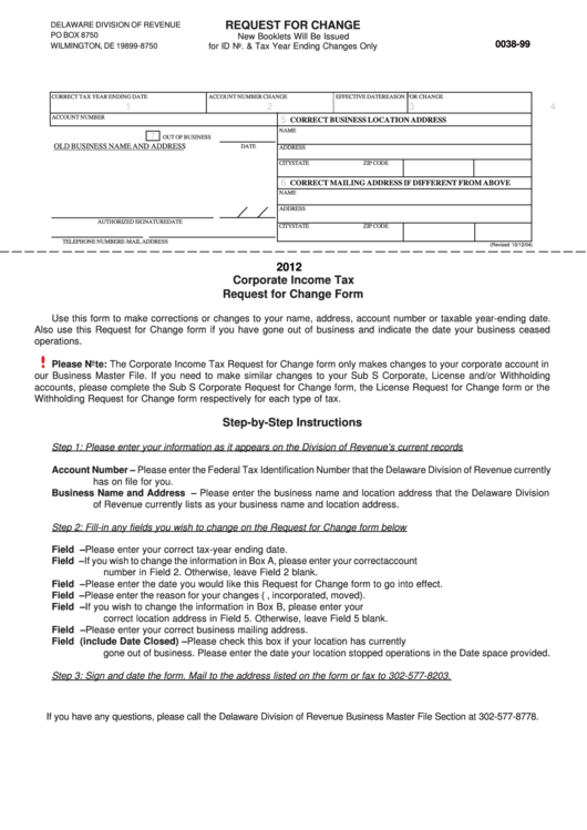 Fillable Request For Change - Delaware Division Of Revenue - 2012 Printable pdf
