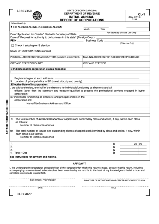 Form Cl-1 - Initial Annual Report Of Corporations Printable pdf