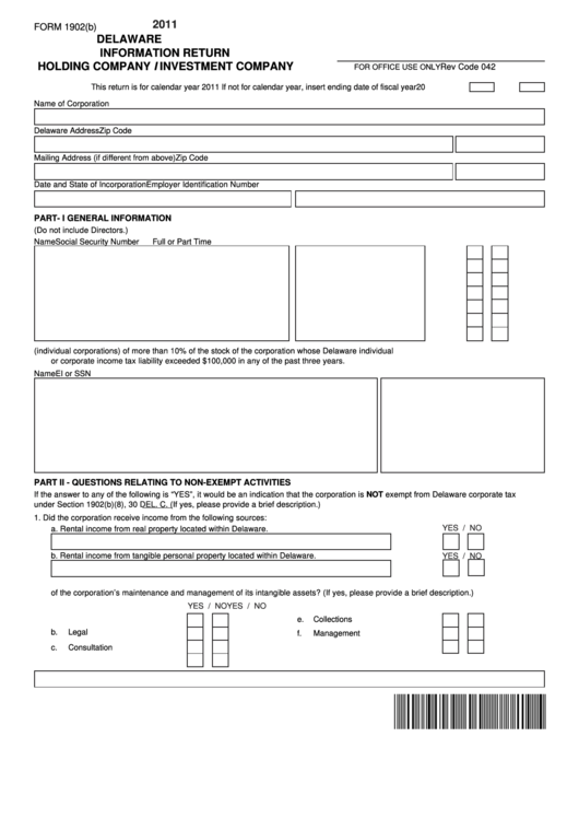 Fillable Form 1902(B) - Delaware Information Return Holding Company I Investment Company - 2011 Printable pdf