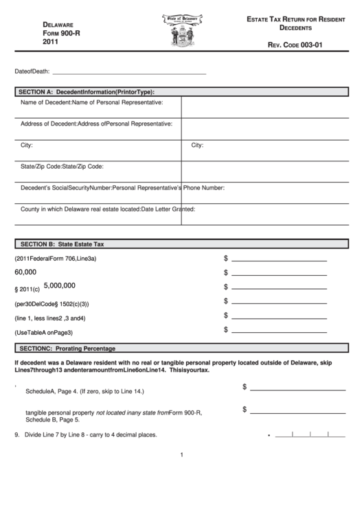 Fillable Delaware Form 900-R - Estate Tax Return For Resident Decedents - 2011 Printable pdf