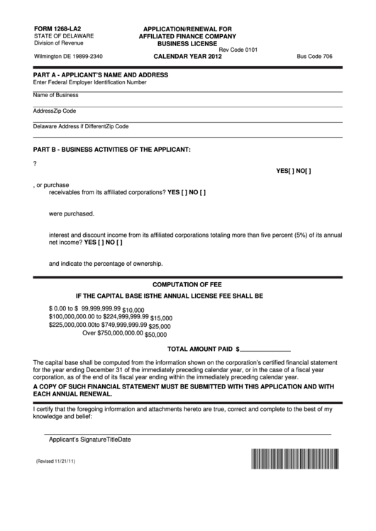 Fillable Form 1268-La2 - Application/renewal For Affiliated Finance Company Business License - 2012 Printable pdf