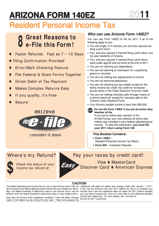 Arizona Form 140ez - Resident Personal Income Tax Return (Ez Form) - 2011 Printable pdf