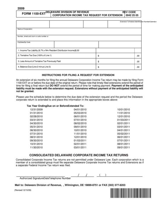 Fillable Form 1100-Ext - Corporation Income Tax Request For Extension - 2009 Printable pdf