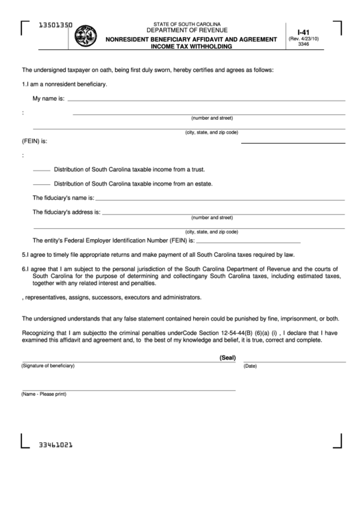 Form I-41 - Nonresident Beneficiary Affidavit And Agreement Income Tax Withholding Printable pdf