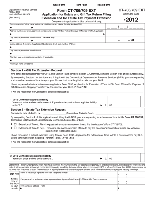 Fillable Form Ct-706/709 Ext - Application For Estate And Gift Tax Return Filing Extension And For Estate Tax Payment Extension - 2012 Printable pdf