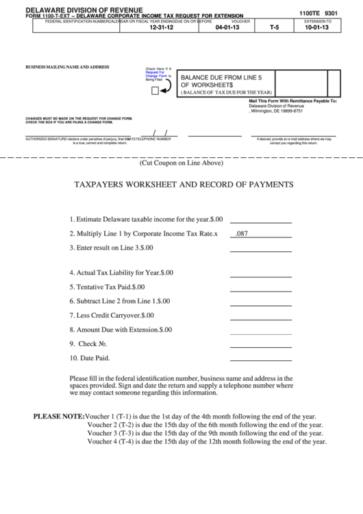 Fillable Form 1100-T-Ext - Delaware Corporate Income Tax Request For Extension - 2012 Printable pdf