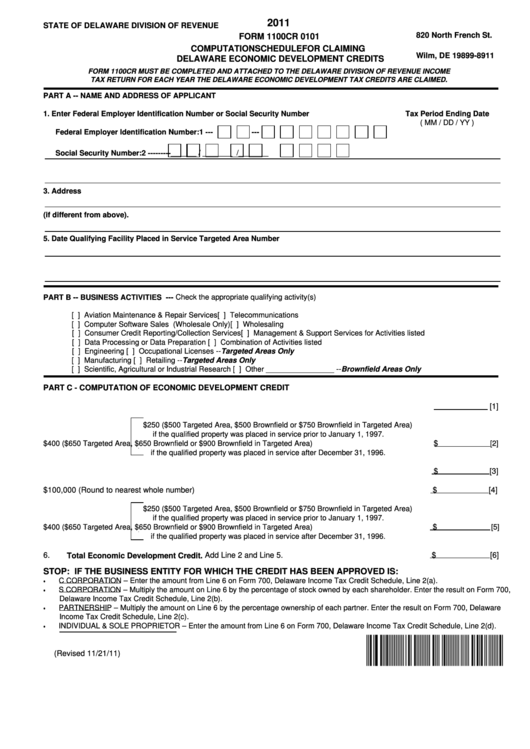 Fillable Form 1100cr 0101 - Computation Schedule For Claiming Delaware Economic Development Credits - 2011 Printable pdf