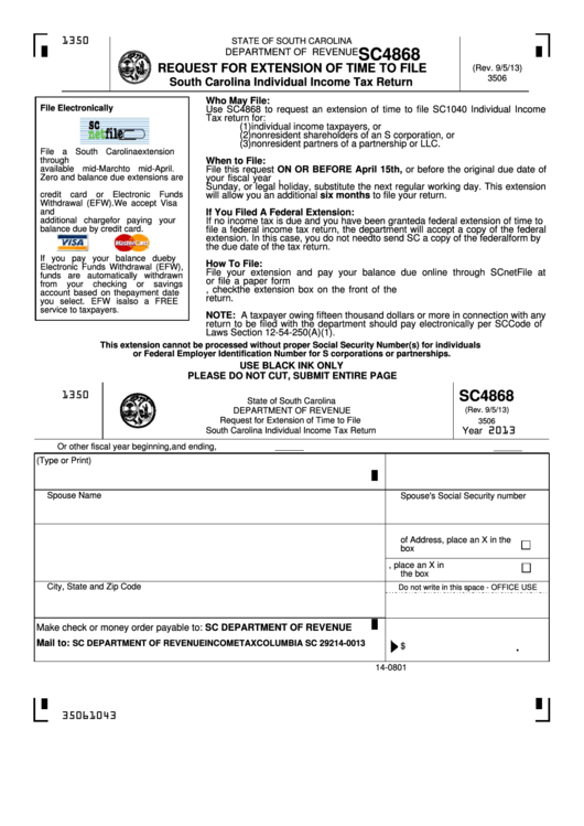 Form Sc4868 - Request For Extension Of Time To File - South Carolina Individual Income Tax Return Printable pdf