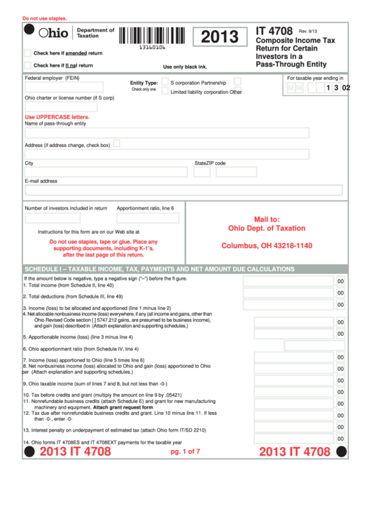 Fillable Form It 4708 - Composite Income Tax Return For Certain Investors In A Pass-Through Entity - 2013 Printable pdf
