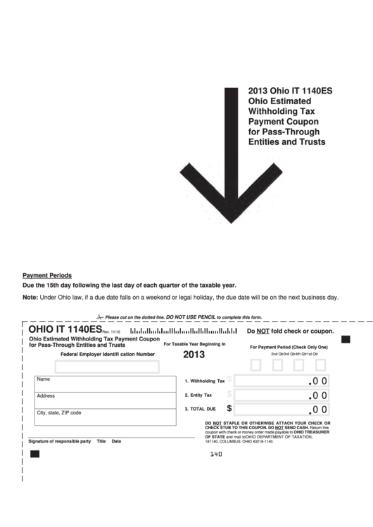 Fillable Form It 1140es - Ohio Estimated Withholding Tax Payment Coupon For Pass-Through Entities And Trusts - 2013 Printable pdf